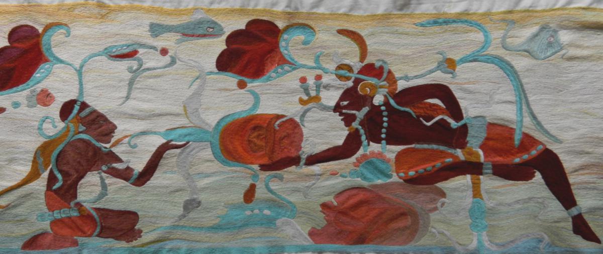 Die Übergabe – Stickerei basierend auf der Abrollung einer Maya-Keramik;  Fig. 20.2 in Grube & Gaida, (2006) Dia Maya – Schrift und Kunst ©Beatrice Häsler